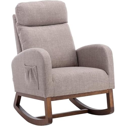 Dolonm Nursery Rocking Chair for Living Room, Upholstered Mid-Century Modern Nursery Rocking Armchair Tall Back Accent Glider Rocker, Grey