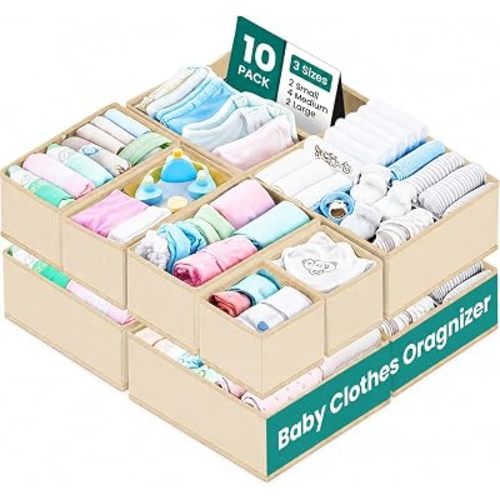 RFAQK 10 Pack Dresser Drawer Organizer Clothes-Baby Clothes Organizer for Nursery, Foldable Closet Fabric Drawer Dividers for Bedroom Organization, Storage Bins, Underwear, Socks, Bras, Belt-Begie