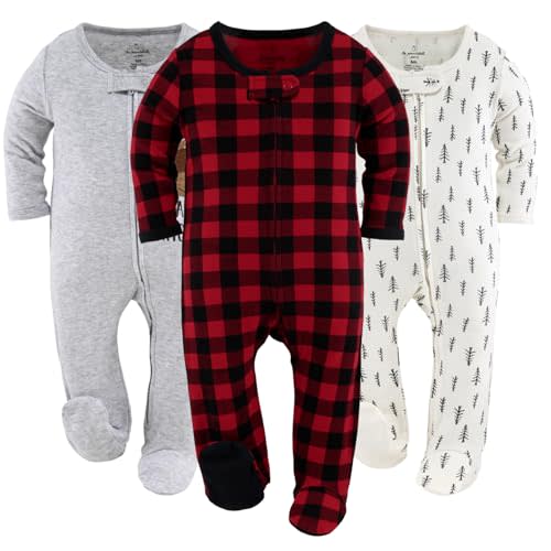 The Peanutshell Baby Sleepers for Boys or Girls Set of 3 - Soft Cotton Unisex Footed Pajamas for Newborns - Buffalo Moose