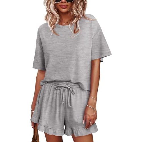 Tankaneo Womens Pajamas Set Lounge Sets Cropped Short Sleeve T Shirts Drawstring Ruffle Shorts Soft Sleepwear
