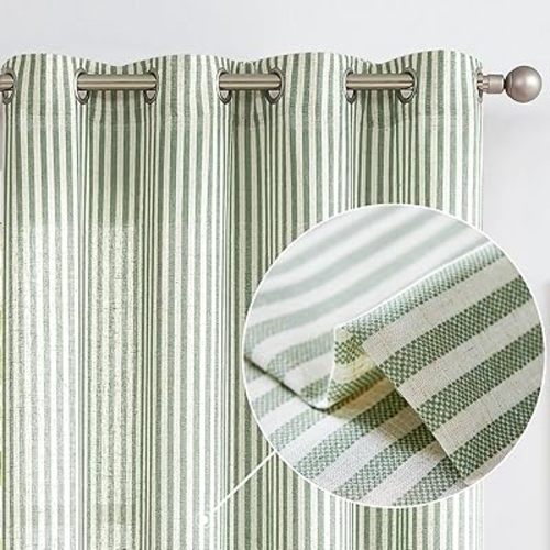 Vangao Linen Blend Stripe Curtains Tickingstripe Light Filtering Window Curtains Green Pinstripe Printed on Beige Drapes 63 Inches Length for Living Room Bedroom Grommet Top 2 Panels
