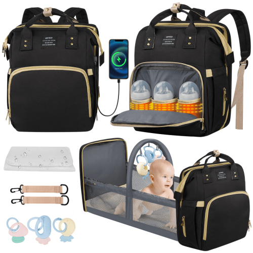 Diaper Bag Backpack with Foldable Crib, Multifunctional, Large Capacity, USB Charging Port, Stroller Strap