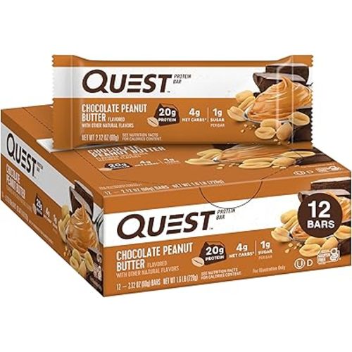 Quest Nutrition Chocolate Peanut Butter Bars, 20g Protein, 1g Sugar, 4g Net Carb, Gluten Free, Keto Friendly, 12 Count