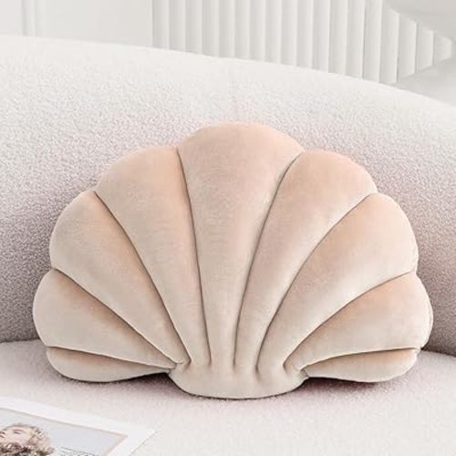 Seashell Decorative Pillow Shell Shaped Throw Pillow 3D Insert Beach Pillow Soft Velvet Pillow Sea Ocean Decoration Couch Bed Pillow Cushions(Champagne,14 X 11 inch)