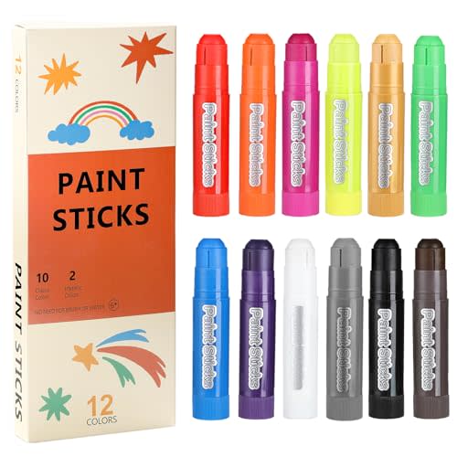 12 Colors Tempera Paint Sticks, No Mess, Quick-Drying & Non-Toxic Art Supplies, Easy-Grip for Toddlers and Kids, Works Great on Paper, Wood, Glass, Canvas, Gifts for Drawing on Various Objects
