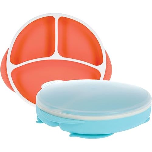 Nuby Silicone Round Suction Plate with Lid - Dishwasher-Safe Baby and Toddler Plate - 6+ Months - Aqua and Coral - Back to School Essentials