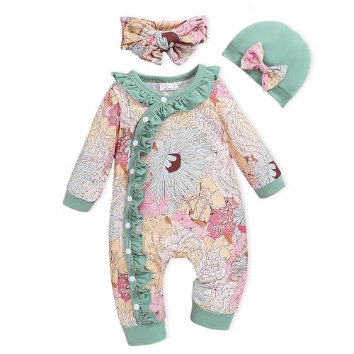 Doresbebe Newborn Baby Girl Clothes Infant Floral Print One-Piece Romper+Jumpsuit+Bodysuit+Hat+Headband
