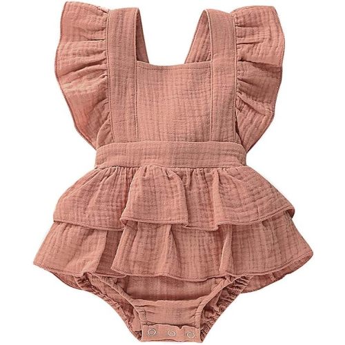 Douhoow Infant Baby Girl Romper Baby Ruffle Bodysuit Jumpsuit One-Piece Cotton Linen Clothes - Khaki - 0-3 Months