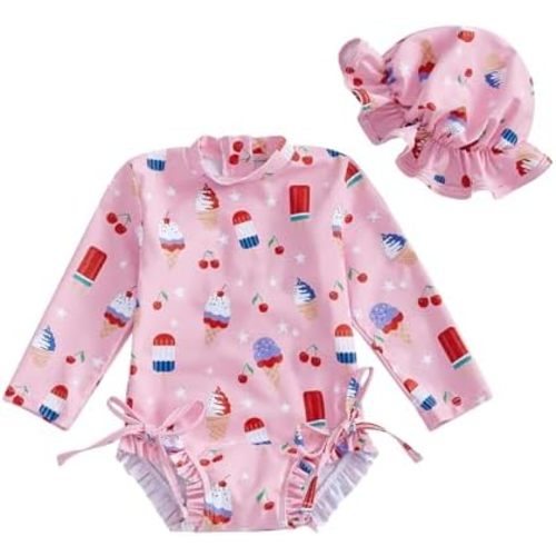 Baby Girl Swimsuit Baby Girls Long Sleeve One Piece Swimsuit Romper with Hat Bathing Suit Beach Rash Guard