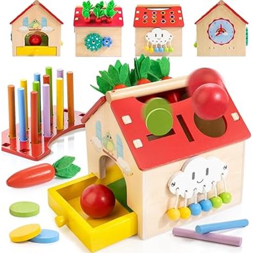 Wooden Montessori Activity House, 7-in-1 Multifunctional Wooden House for 12M+ Toddlers, Boys & Girls One Year Old First Birthday Gift, Baby Toy Set Including Object Permanent Play House