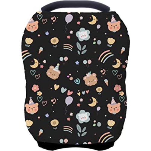 Car Seat Covers for Baby Girls, Cartoon Printing Carseat Canopy Cover for Breastfeeding (Black Bear)