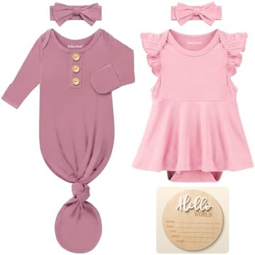 2 Pack Newborn Knotted Gown & Baby Bodysuit Set, Newborn Baby Girl Dress, Sleeper Gown with Headbands for Coming Home Outfit