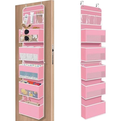 6-Tier Over The Door Organizer Hanging Storage Organizers with Clear Window 40lb Large Capacity Room Organizer for Pantry Bathroom Nursery Closet(Pink)