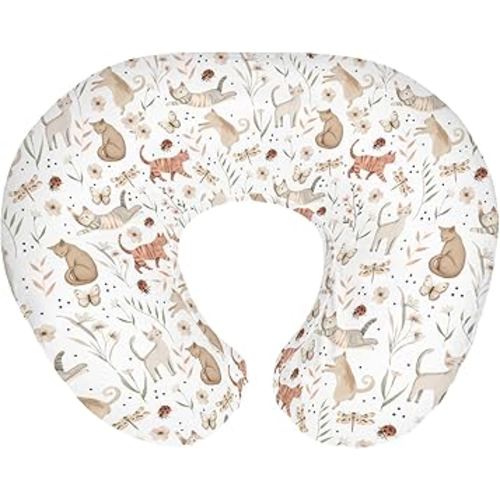 Cute Cat Boho Floral Leaves Baby Nursing Pillow Covers for Boy Girl Kittens Meadow Butterflies Nursery Pillowcase for Breastfeeding Pillows Cats Lover Gift Soft Stretchy Slipcovers for Newborn Infant
