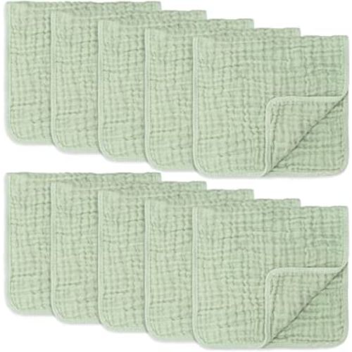 Muslin Burp Cloths 10 Pack Large 100% Cotton Hand Washcloths 6 Layers Extra Absorbent and Soft (Sage, Pack of 10)