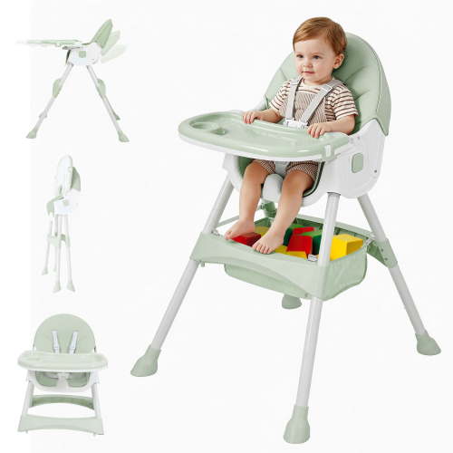Aprpink 6 in 1 Baby Convertible High Chair Seat with 5 Point PU Safety Harness, Light Green Striped