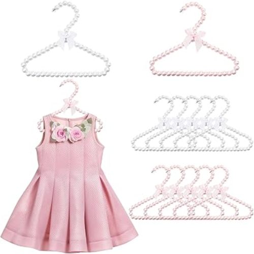 10 Pieces Small Pearl Hangers, 8 Inch Mini Bowknot Clothes Hangers with Ribbon, Elegant Pearl Beads Hanger for Women Pet Dog Cat (Pink, White)