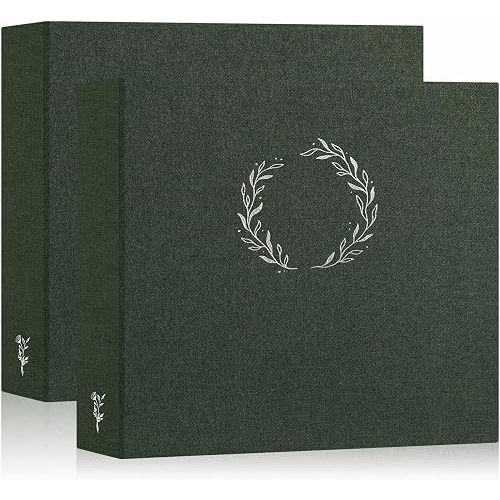 Lanpn 2 Packs Photo Album Scrapbook 12x12, Linen Cover Wreath Design Top Load 3 Ring Folder Binder Photobook Photo Book 12 x 12 inch with 30 Plastic Sleeves 60 Pages Green