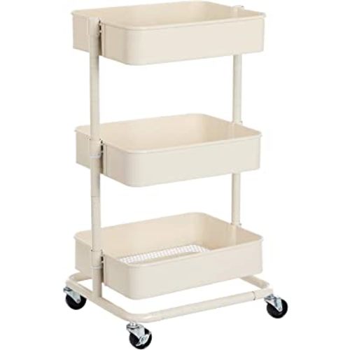 SONGMICS 3-Tier Metal Rolling Cart, Utility Cart, Kitchen Cart with Adjustable Shelves, Storage Trolley with 2 Brakes, Easy Assembly, for Kitchen, Office, Bathroom, Beige UBSC60WT