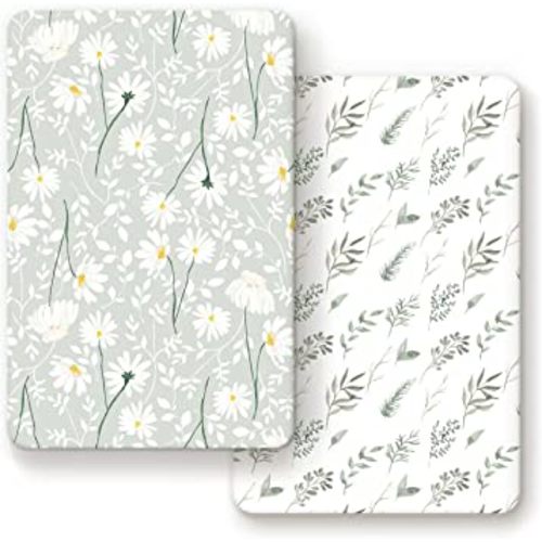 GRSSDER Stretchy Ultra Soft Jersey Knit Fitted Pack n Play Sheets Set 2 Pack, Universal Fitted Portable Pack and Play/Mini Cribs Sheets for Girls, Stylish Watercolor Daisy Flower
