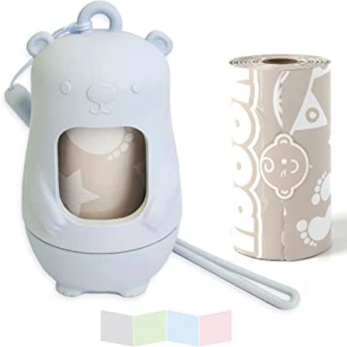 NEW Moodie Teddy Bear Diaper Bag Dispenser | Diaper Bag on the Go Dispenser w/Silicon Strap |15 LAVENDER SCENTED Diaper Disposal Bags per Roll | Diaper bag essential items (BABY BLUE)