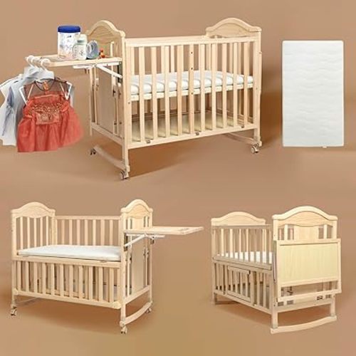 Mini Baby Cribs 4-in-1 Convertible - Cunas para Bebes with Changing Shelf and Mattress Included,2025 Wood Baby Bassinets Bedside Crib Sleeper,Unpainted