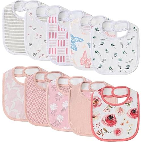 10 Pack Cotton Snap Bibs for Baby Boy Girl, Super Soft Drool Bibs for Teething and Feeding