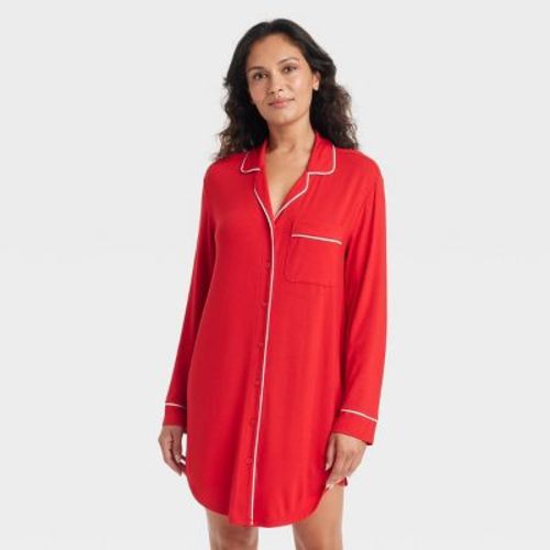 Women's Cloud Knit Notch Collar Long Sleeve Nightgown - Auden™ Red S