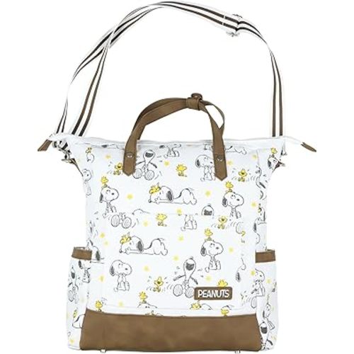 Peanuts Convertible Totepack Snoopy and Woodstock Backpack with Carrying Handles and Shoulder Strap Faux Leather Bottom Bag