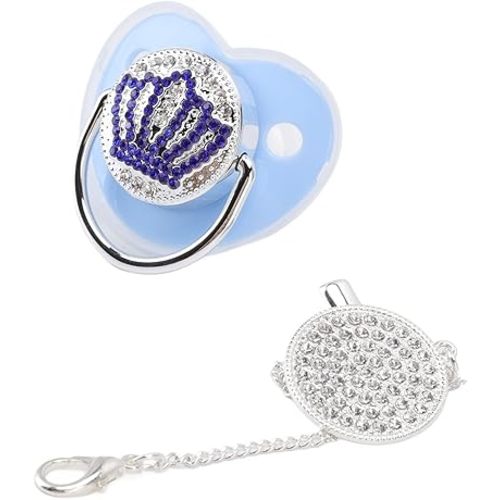 Personalized Bling Pacifier, Heart Shape Shinning Baby Pacifier, Rhinestone Crown Ultra Soft Silicone Infant Dummy Baby Soother Nipple for Baby Show New Born Gifts (Blue M)