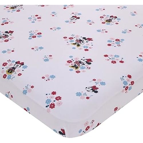 Disney Minnie Mouse - Pink, Blue and White Small Town Floral Nursery Fitted Mini Crib Sheet