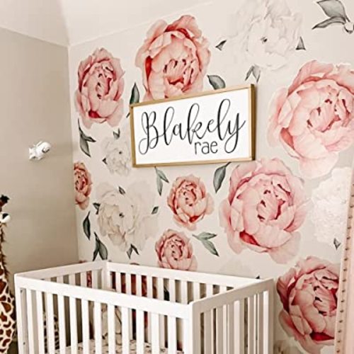 Wonder Space Jumbo Peony Watercolor Wall Decals - Large Size Peonies Flowers Leaves Room Wall Stickers - Scandinavian Design Floral (Beige & White)