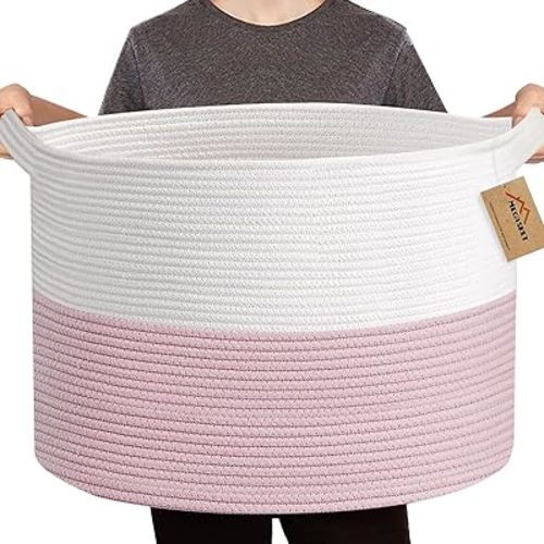 Pink Storage Baskets for Organizing, 22"X22"X14" XXXL Blanket Basket Living Room, Large Toy Basket, Soft Pink Cotton Rope Woven Baskets for Storage, Decorative Gifts Basket Bins for Nursery