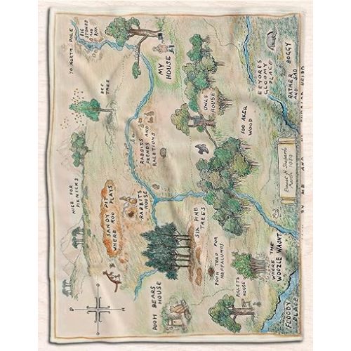100 Acre Wood Map Jungle Blanket, Custom Bear Cartoon Cute Flannel Fleece Throw, Anime Blanket for Kids Teens Adults, Warm Super Soft Cozy Bedding