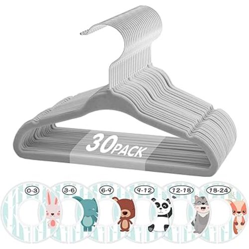 Baby Hangers, VIS'V 11 Inch Gray Velvet Kids Hangers with 6 Pcs Size Dividers Non Slip Nursery Children Closet Clothes Hangers for Infant Toddler Girls and Boys - 30 Pcs