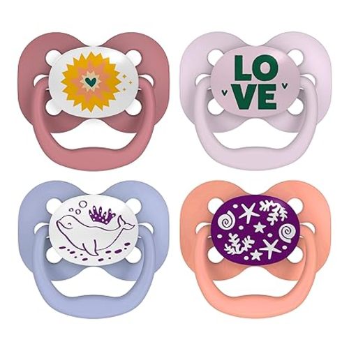 Dr. Brown's Advantage Glow-in-the-Dark Baby Pacifier, Fully Symmetrical Soother with Soft Silicone Bulb, Lavender Love-Coral Ocean, 0-6m, BPA Free, 4 Pack