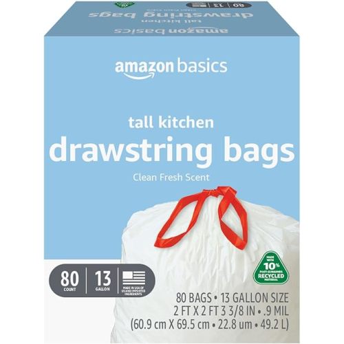 Amazon Basics - Tall Kitchen Trash Bags, 13 Gallon, 10% Post Consumer Recycled Content, Clean Fresh Scent, 80 Count, Pack of 1