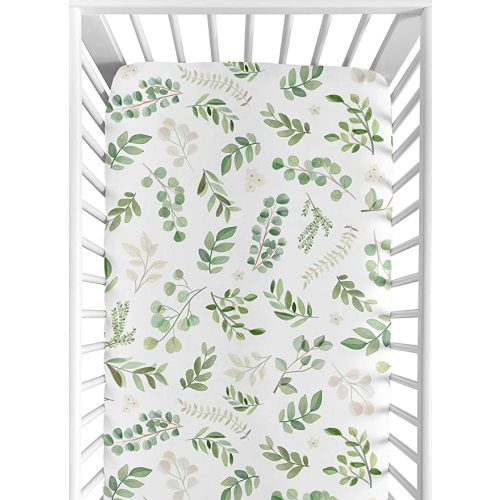 Sweet Jojo Designs Leaf Fitted Crib Sheet Baby or Toddler Bed Nursery - Green and White Boho Watercolor Botanical Woodland Tropical Garden