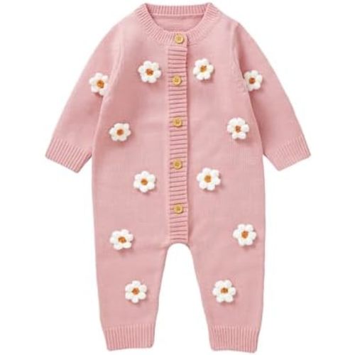 Newborn Baby Girl Boy Fall Clothes Flower Ribbed Long Sleeve Romper Sweater Jumpsuit Infant Coming Home Outfit