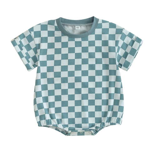 Hirigin Newborn Baby Boy Girl Clothes Checkered T-Shirt Bubble Romper Oversized Short Sleeve One-Piece Summer Outfit