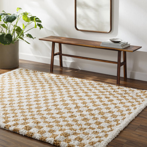 Camryne Rectangle Checkered Machine Woven Polyester Area Rug in Yellow/White