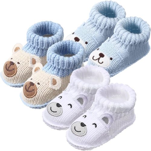 Evervibe 3 Pair Knitted Baby Booties,White, Blue,Pattern