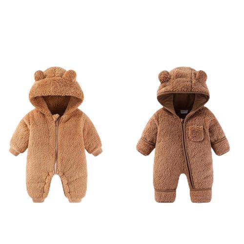 3-6Months Newborn Baby Bear Outfit Suit Girls Boys Fleece Jumpsuit Romper Hooded Winter Snowsuit Clothes Newborn Baby Bear Outfit Suit Fold-Over Mittens Footies