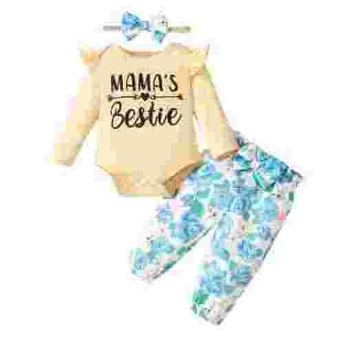 3 Months Baby Girls Clothes 6 Months Girls 3PCS Romper Outfits Set Letter Print Newborn Girls Long Sleeve Top Pants Set with Headband Yellow
