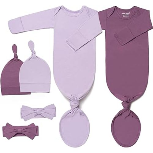 2Pk Newborn Baby Knotted Gown, Ultra-Soft Infant Sleeper with Hat, Bowknot and Pacifier Clip (2 Packs) - Lavender Purple+light Purple - 0-3 Months