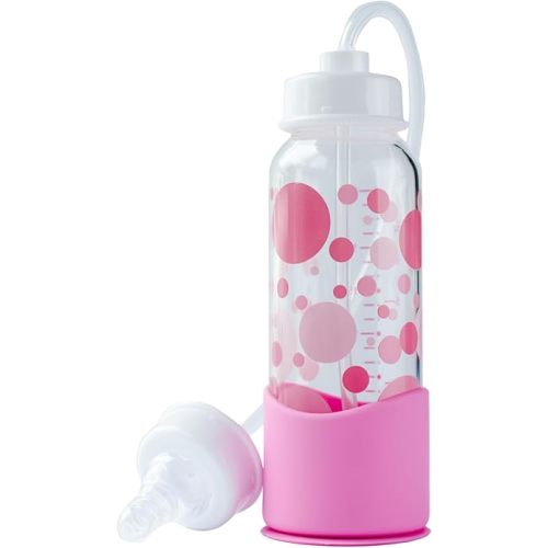 Hands-Free Baby Bottle - Anti-Colic Nursing System 7 oz Glass Baby Bottle with Fast Flow Nipple/Teat 3m+ with Tube Straw Feeding System for Toddler (1 Bottle - Pink)