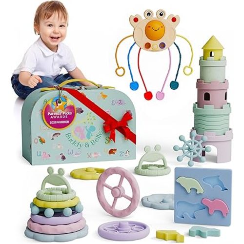 Premium Silicone Baby Teething Toys - Stacker - Pull Toy - Stacking Cups and Puzzle - 5-in-1 Gift Set for Development -BPA-Free, Dishwasher Safe, Gift-Ready Case - Montessori Toys for 1 Year Old