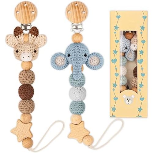 Pacifier Clip, 2 Pack Pacifier Holder for Boys and Girls, Cute Deer Handmade Knitted Christmas Pacifier Clip Fits for Most Pacifier, Baby Teethers, Baby Shower and Baby Gift(Elephant&Deer)