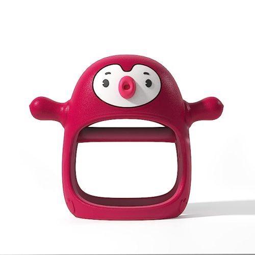 Smily Mia Penguin Buddy Never Drop Silicone Baby Teething Toy for 0-6month Infants, Baby Chew Toys for Sucking Needs, Hand Pacifier for Breast Feeding Babies, Car Seat Toy for New Born,Red - chimney red