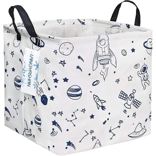 LANGYASHAN Square Storage Baskets Waterproof Canvas Children Laundry Nursery Hamper for Shelves Gift Baskets Toy Organizer Room Decor (Square spaceship)